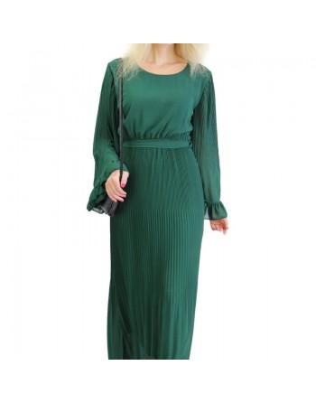 Robe longue fluide plissée avec manches évasées pour femme - Couleur vert foncé 