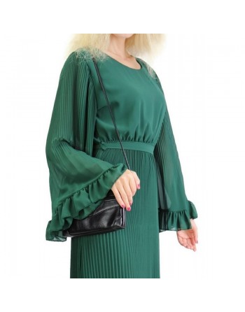 Robe longue fluide plissée avec manches évasées pour femme - Couleur vert foncé 