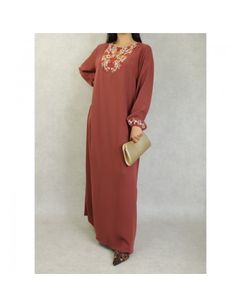Robe manches longues avec broderie pour femme - Couleur Rouille 