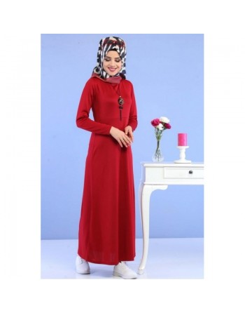 Robe longue décontractée sobre pour femme voilée - Couleur Rouge bordeaux (Robes et tenues pas cher pour hijab) 