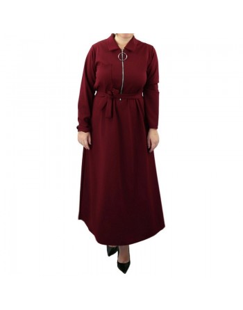 Robe longue fermeture zip avec ceinture pour femme (Grande Taille) - Rouge bordeaux 