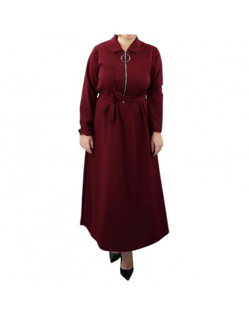 Robe longue fermeture zip avec ceinture pour femme (Grande Taille) - Rouge bordeaux Robe longue fermeture zip avec ceinture pour femme (Grande Taille) - Rouge bordeaux