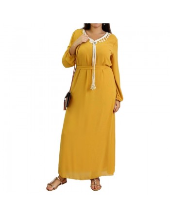 Robe maxi-longue fluide avec cordons à pompons pour femme - Couleur Jaune Moutarde 