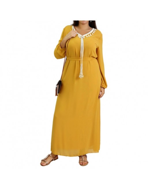 Robe maxi-longue fluide avec cordons à pompons pour femme - Couleur Jaune Moutarde Robe maxi-longue fluide avec cordons à pompons pour femme - Couleur Jaune Moutarde
