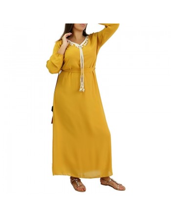 Robe maxi-longue fluide avec cordons à pompons pour femme - Couleur Jaune Moutarde 