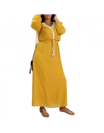 Robe maxi-longue fluide avec cordons à pompons pour femme - Couleur Jaune Moutarde 