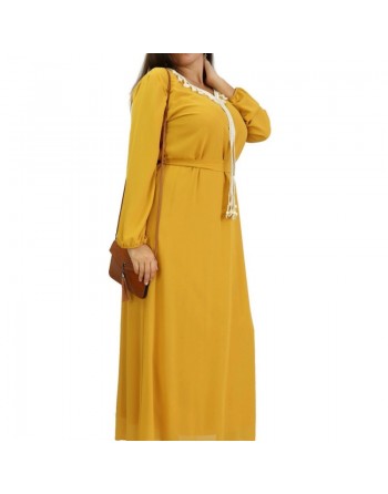 Robe maxi-longue fluide avec cordons à pompons pour femme - Couleur Jaune Moutarde 