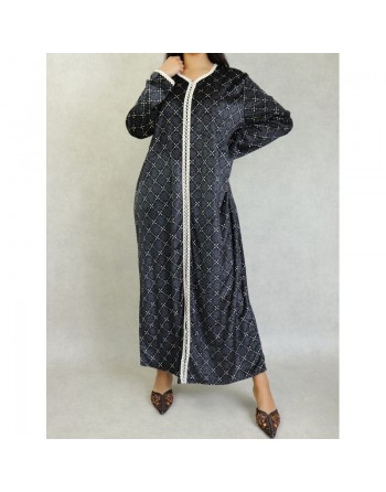 Robe arabe longue en velours à motif avec broderie blanche pour femme - Couleur Noir 