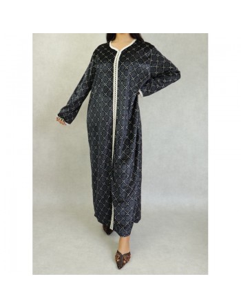 Robe arabe longue en velours à motif avec broderie blanche pour femme - Couleur Noir 
