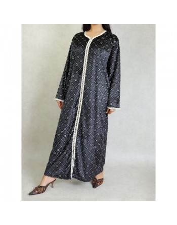 Robe arabe longue en velours à motif avec broderie blanche pour femme - Couleur Noir 