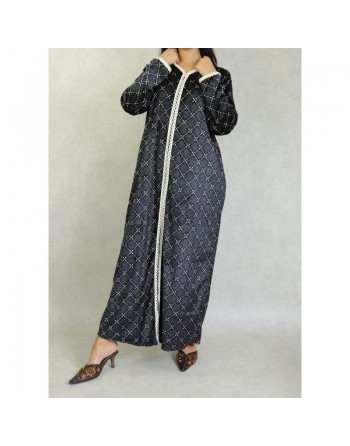 Robe arabe longue en velours à motif avec broderie blanche pour femme - Couleur Noir 