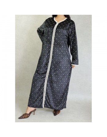 Robe arabe longue en velours à motif avec broderie blanche pour femme - Couleur Noir 