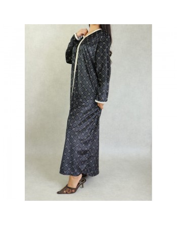 Robe arabe longue en velours à motif avec broderie blanche pour femme - Couleur Noir 