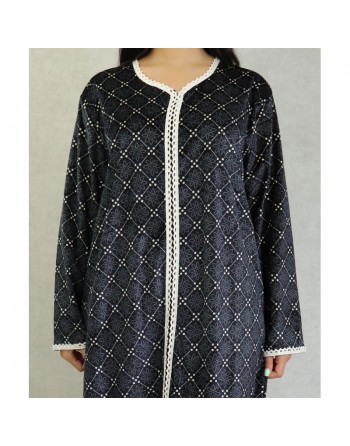 Robe arabe longue en velours à motif avec broderie blanche pour femme - Couleur Noir 