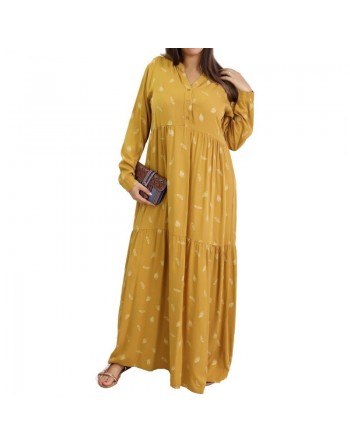 Robe longue ample à motifs plumes - Couleur jaune moutarde 