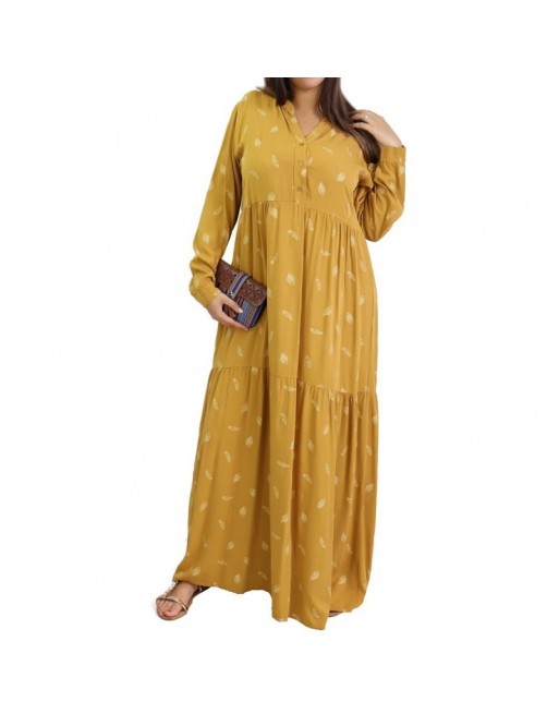 Robe longue ample à motifs plumes - Couleur jaune moutarde Robe longue ample à motifs plumes - Couleur jaune moutarde