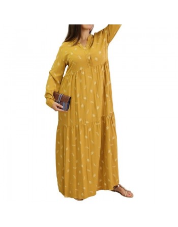 Robe longue ample à motifs plumes - Couleur jaune moutarde 