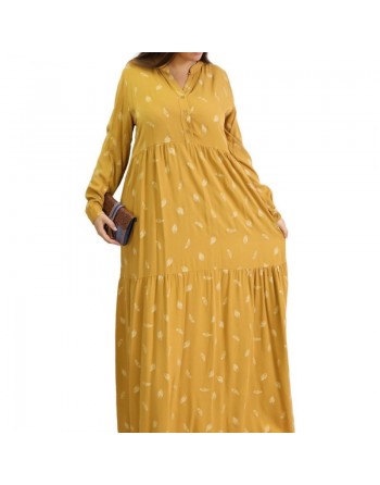 Robe longue ample à motifs plumes - Couleur jaune moutarde 