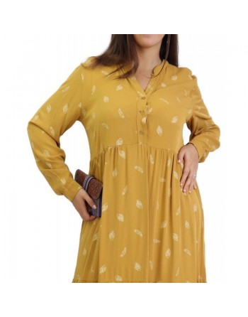 Robe longue ample à motifs plumes - Couleur jaune moutarde 