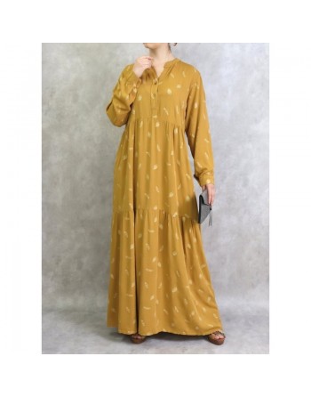 Robe longue ample à motifs plumes - Couleur jaune moutarde 