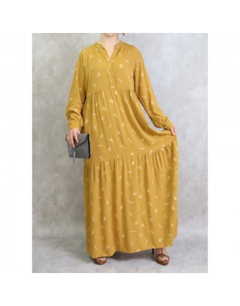 Robe longue ample à motifs plumes - Couleur jaune moutarde 