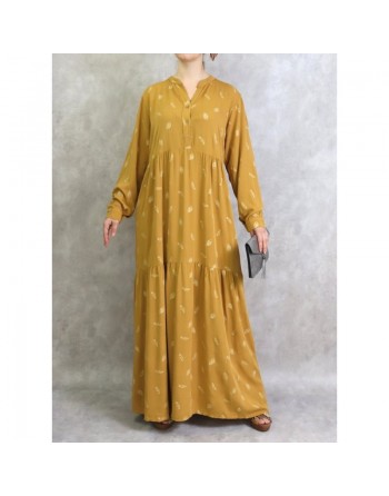 Robe longue ample à motifs plumes - Couleur jaune moutarde 