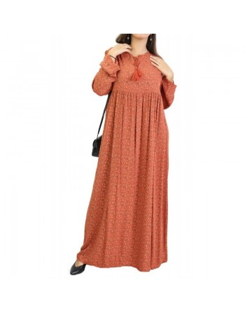 Robe longue viscose fluide et ample avec imprimé fleuri - Couleur Rouille 