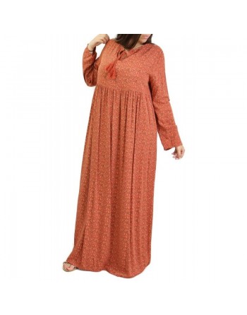 Robe longue viscose fluide et ample avec imprimé fleuri - Couleur Rouille 