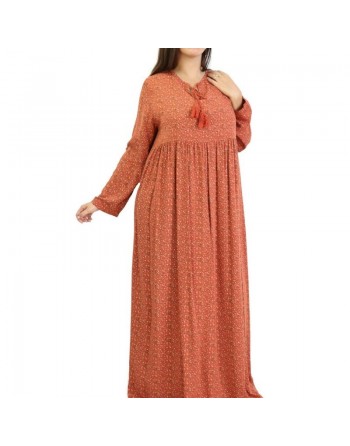 Robe longue viscose fluide et ample avec imprimé fleuri - Couleur Rouille 