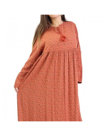 Robe longue viscose fluide et ample avec imprimé fleuri - Couleur Rouille 