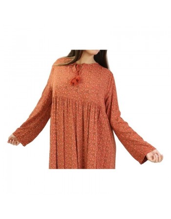 Robe longue viscose fluide et ample avec imprimé fleuri - Couleur Rouille 