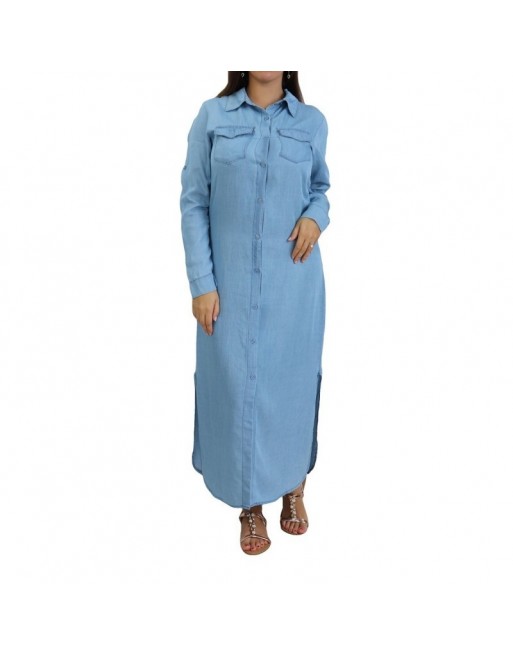 Robe chemise longue pour femme de marque - Couleur bleu jean clair Robe chemise longue pour femme de marque - Couleur bleu jean clair