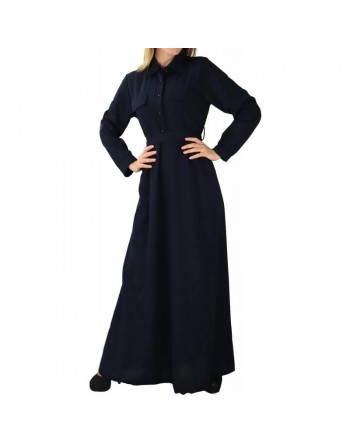 Robe Longue boutonnée avec Col Chemisier et ceinture de couleur bleu nuit 
