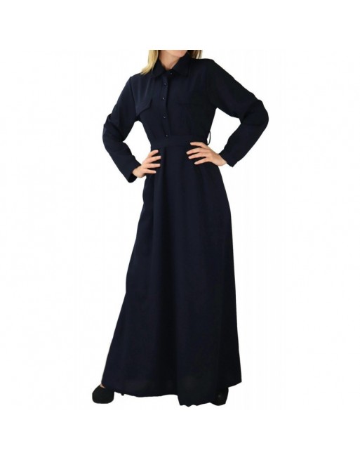 Robe Longue boutonnée avec Col Chemisier et ceinture de couleur bleu nuit Robe Longue boutonnée avec Col Chemisier et ceinture de couleur bleu nuit