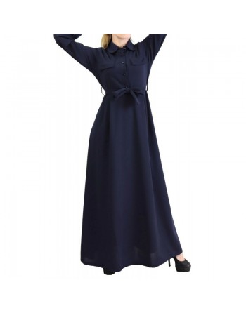 Robe Longue boutonnée avec Col Chemisier et ceinture de couleur bleu nuit 
