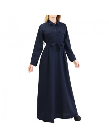 Robe Longue boutonnée avec Col Chemisier et ceinture de couleur bleu nuit 