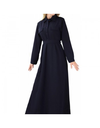Robe Longue boutonnée avec Col Chemisier et ceinture de couleur bleu nuit 