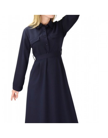 Robe Longue boutonnée avec Col Chemisier et ceinture de couleur bleu nuit 