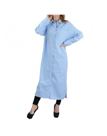 Robe chemise coton bleue à rayures blanches 