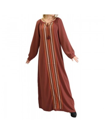 Robe Abaya brodée pour femme - Couleur Marron noisette 