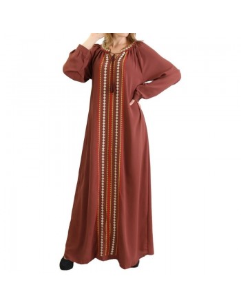 Robe Abaya brodée pour femme - Couleur Marron noisette 