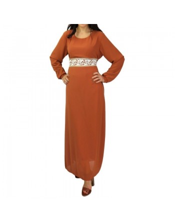 Robe longue avec broderies blanches et dorées - Couleur rouille 