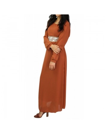 Robe longue avec broderies blanches et dorées - Couleur rouille 