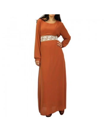 Robe longue avec broderies blanches et dorées - Couleur rouille 