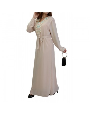 Robe longue avec broderies et pompons - Couleur rose clair 