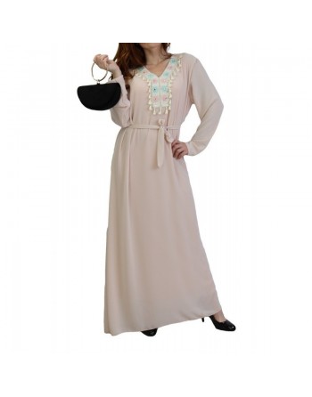 Robe longue avec broderies et pompons - Couleur rose clair 
