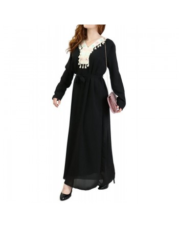 Robe longue avec broderies et pompons - Couleur Noir 