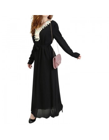 Robe longue avec broderies et pompons - Couleur Noir 