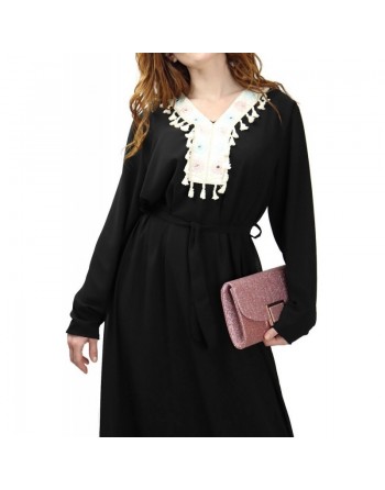 Robe longue avec broderies et pompons - Couleur Noir 