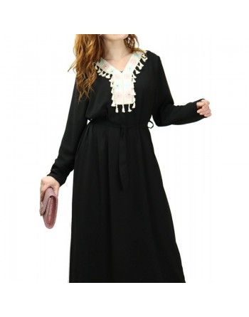 Robe longue avec broderies et pompons - Couleur Noir 